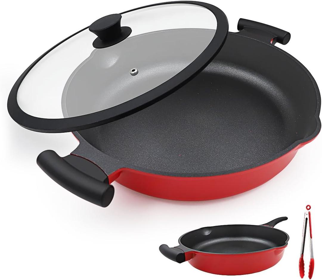 2-In-1 Nonstick Frying Pan Skillet with lid, 13.5 Inch Large Deep Frying Pan, 5 Qt Non Stick Saute Pan with Cover, Induction Pan, Non Toxic Cooking Pan with Helper Handle, PFOA PFOS APEO Free (Red)