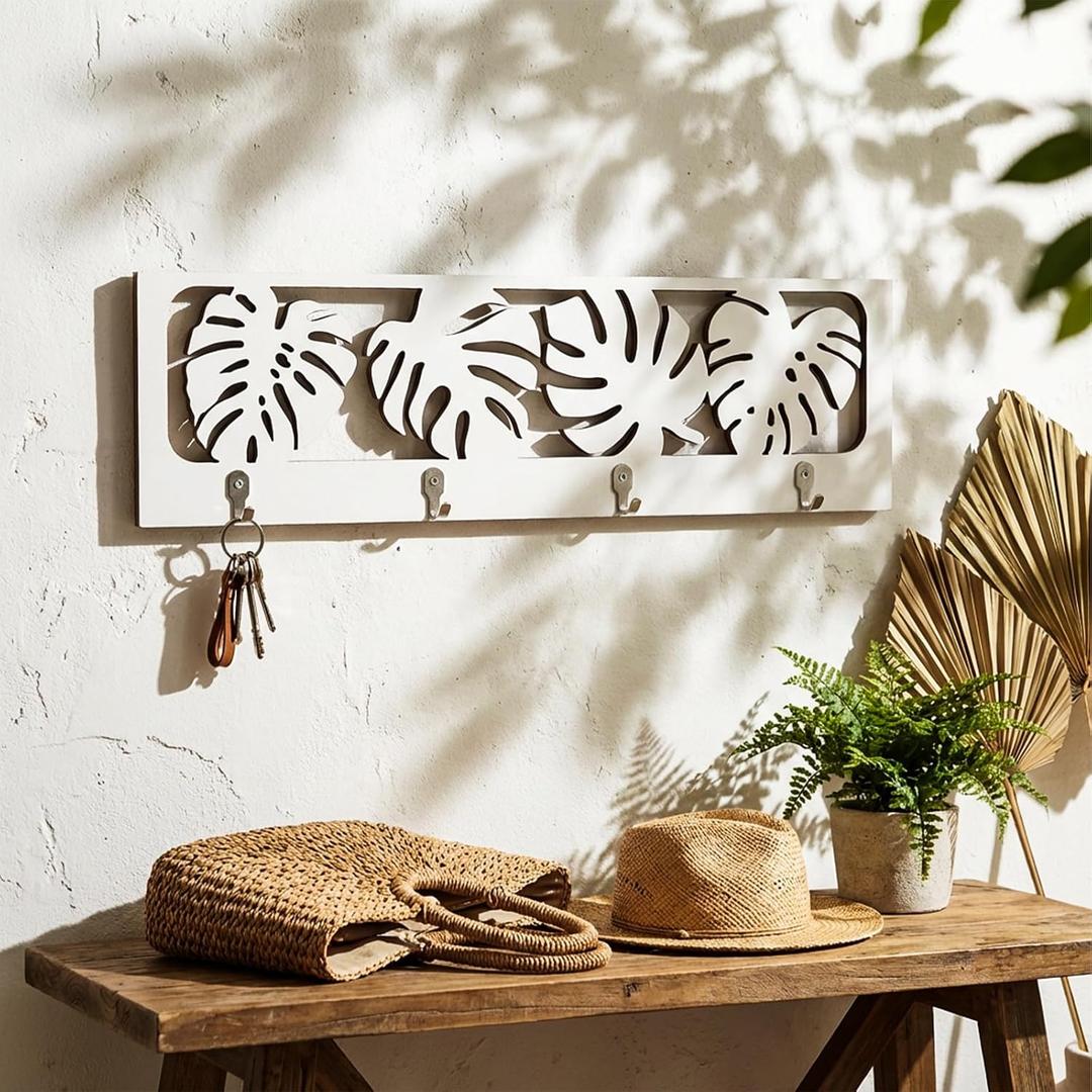 4 Hooks Tropical Leaf Cutout Wall Decor Towel Hooks Wall Mounted Rack Monstera Palm Leaves Decorative Tropical Hanger DIY Coat Robe Key Holder Modern for Bathroom Entryway Home Decoration