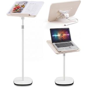 2 in 1 Dual-use Floor & Desktop Book Stand White, 19.6-54 Inch Height Adjustable, for Bible Stand Music Holder Podium Recipe Cookbook, Foldable Book Holder for Reading with Page Clips