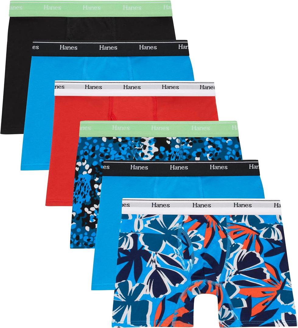 Hanes Boys' Originals Boxer Briefs, Tween Boy Underwear, Cotton Stretch, 6-Pack (Large, Black/Blue/Orange - 6 Pack)