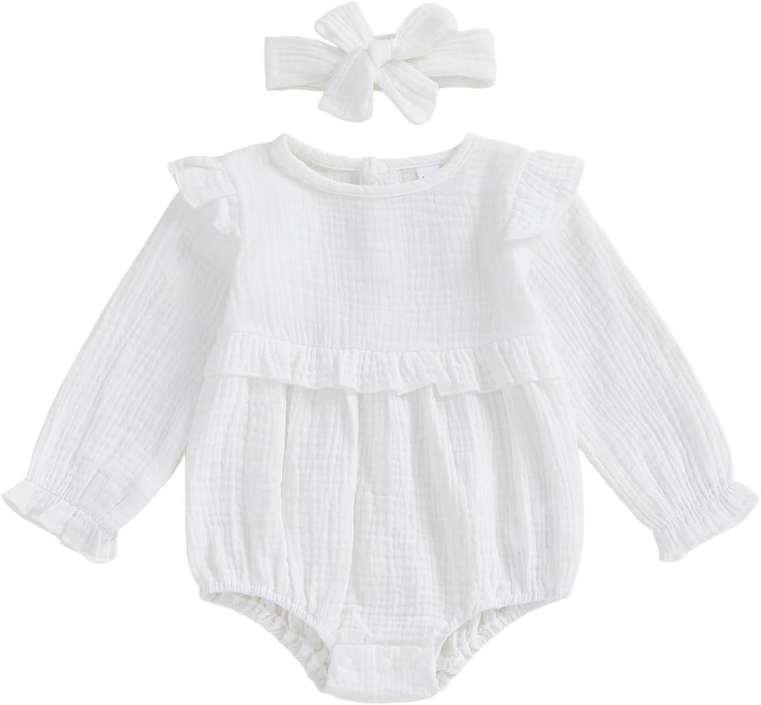 Newborn Infant Baby Girl Clothes Cotton Linen Long Sleeve Smocked Bubble Romper Ruffle Bodysuit Jumpsuit Fall Outfit 0-3M White
