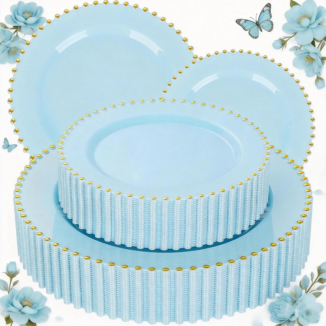 ejonirinjonir EI 60pcs Blue Plastic Plates,Dispoable Heavy Duty Plastic Plates with Gold Rim,Baby Blue 10" Dinner & 7" Dessert Plate,Fancy Elegant Plate for Party,Birthday,Afternoon Tea