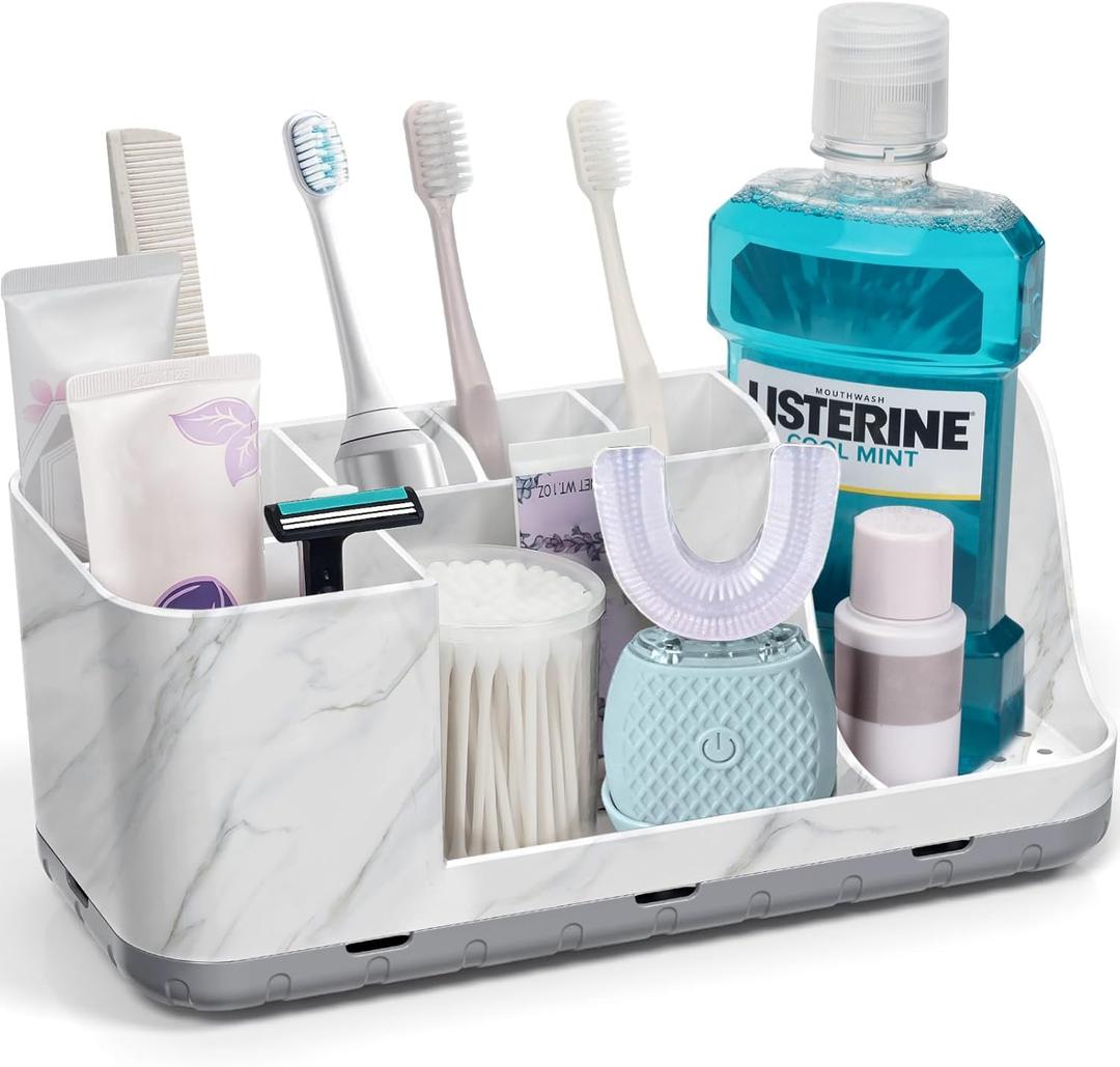 Bathroom Organizers and Storage, 8 Slots Detachable Toothbrush Holders for Bathrooms, Anti-Slip Bathroom Countertop Organizer with Drainage Hole Vanity Storage (Marble)