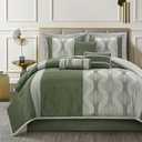 LANCO MODERN LIFESTYLE Queen Comforter Set, Green, 7 Pieces in a Bag, Ultra Soft Jacquard with Solid Piecework, Luxury Bed Set with Comforters, Bed Skirt, Pillow Shams and Decorative Pillows