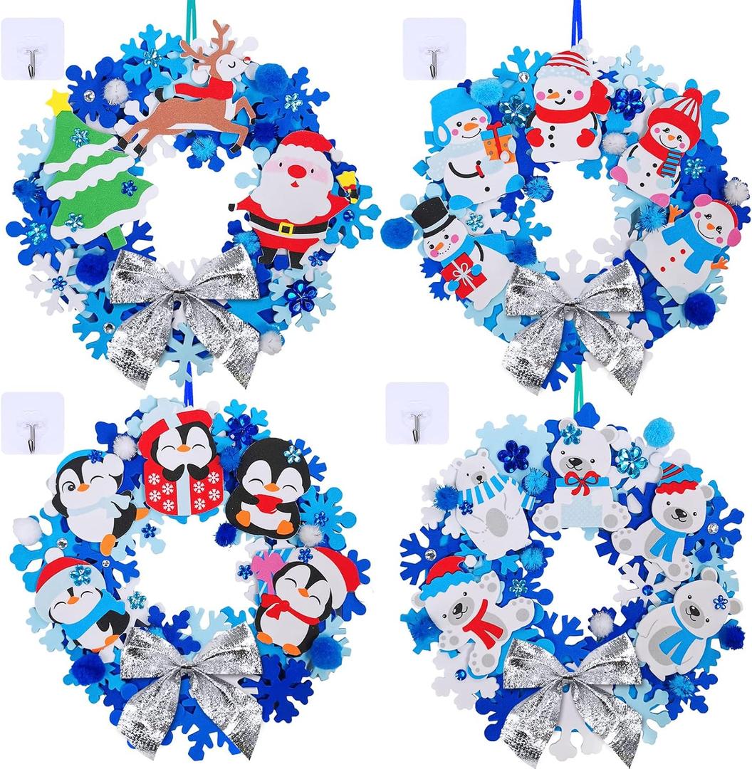 Winlyn 12 Sets Winter Crafts DIY Christmas Snowflake Wreath Ornaments Decorations Art Sets Snowman Santa Foam Stickers for Kids Classroom Activities