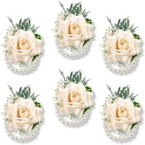 6pcs Champagne Wrist Corsages for Wedding Prom Homecoming and Party | Artificial Silk Rose Corsages with Pearls Wristlet, for Brides and Bridesmaids, the Mother of the Bride