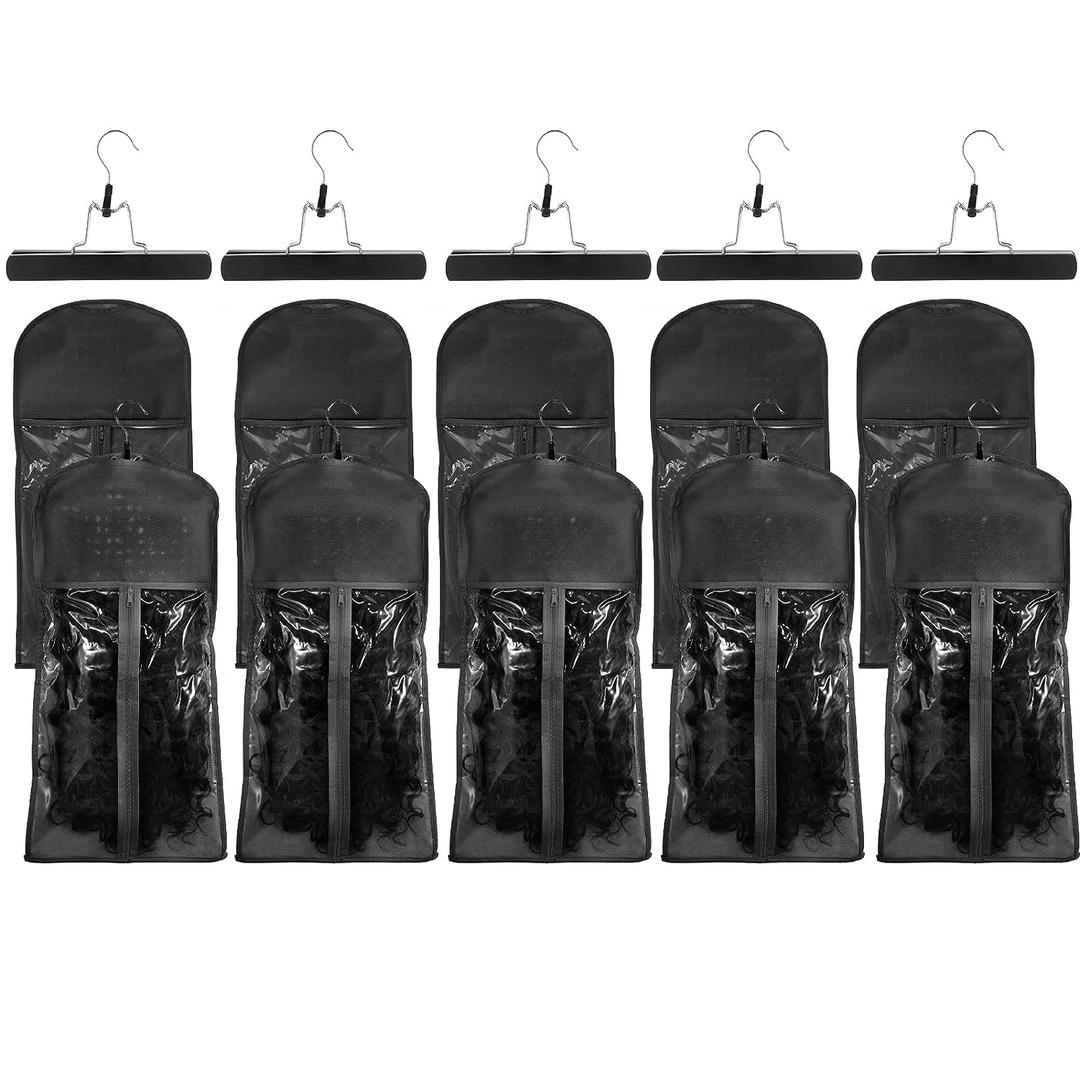 VARIPOWDER 10pcs Hair Extensions Hanger Bags Dust Proof Wig Storage Bag Portable Hair Extension Storage Bag Strong Holder Wigs Carrier Bags with Transparent Zip Up Closure - (Black)