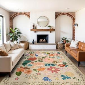 YOUFORTONG Washable Rug 9x12 Area Rugs: Soft Ultra Thin Low Pile Mat Machine Washable Indoor Doormat Lightweight Entry Rug Anti Slip Backing Rugs for Living Room Bedroom Kitchen 9'x12' Beige Floral
