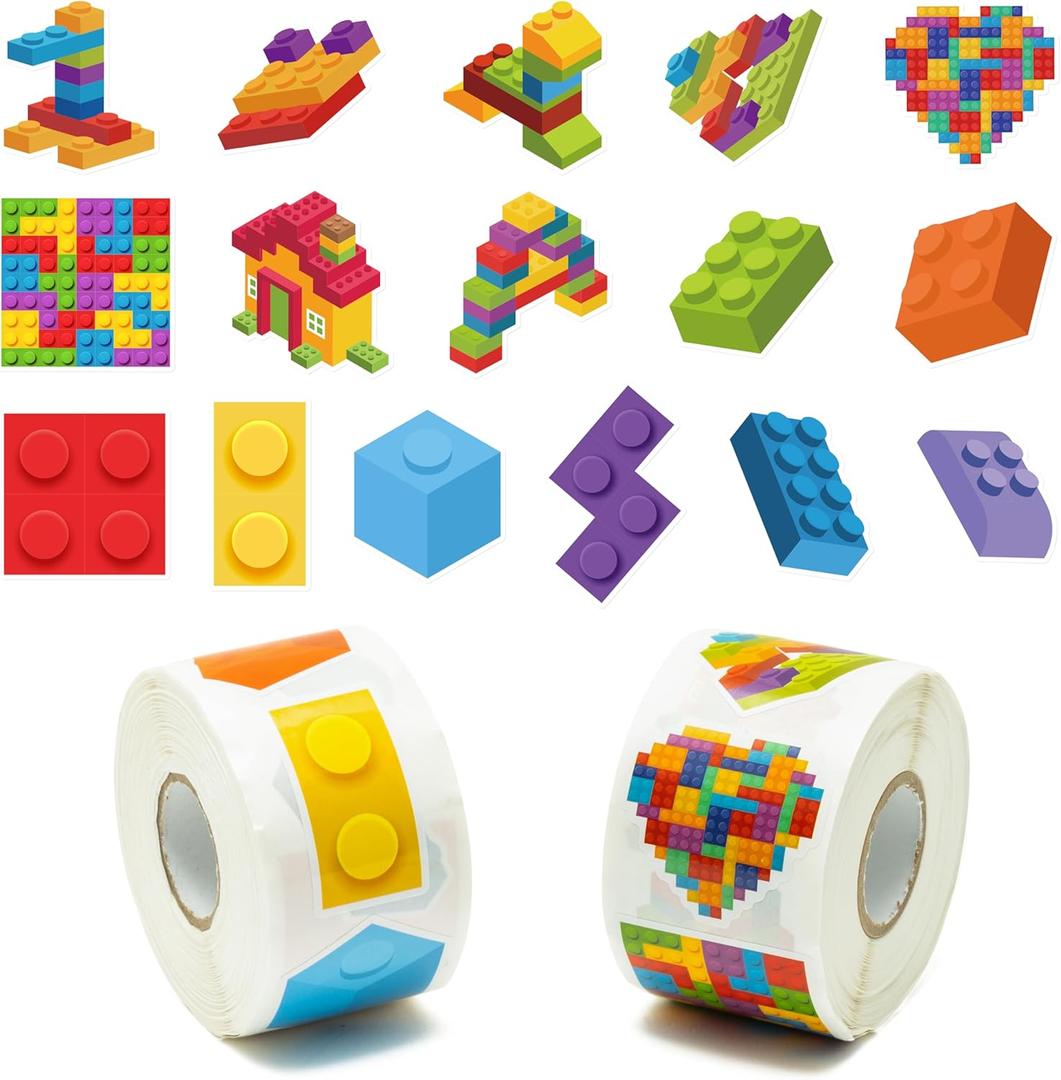 1000Pcs Block Stickers for Kids, 2 Roll Colorful Bricks Paper Self Adhesive Heart House Decal Peel and Stick Removable Toy Brick Lover Gift Birthday Party Supplies Bulk Decor Game