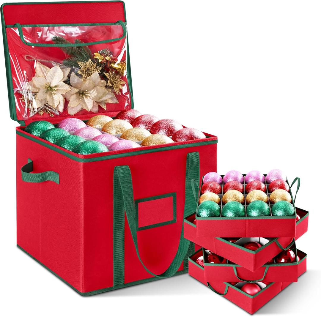 GRANNY SAYS Christmas Ornament Storage Box, Ornaments Organizer with 4 Trays, Xmas Ornament Storage Container, Stores Up to 64-3" Ornaments, Adjustable Dividers, Dual Zipper Closure, 600D Oxford, Red