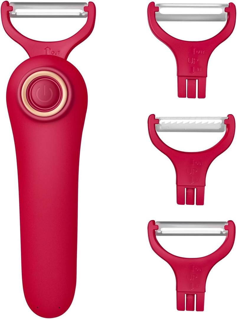 3-in-1 Electric Peeler | Auto Blade for Fruits/Vegetables | 3 Interchangeable Blades | Type-C Charging,Battery Capacity 1500 mAh | Kitchen, Travel, Camping (PL907-Red)