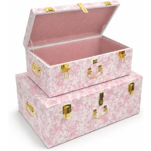 Rool Floral Decorative Storage Trunk Set of 2 Pink Metal Keepsake Trunks with Gingham Fabric Lining, Stackable for Baby's Room and Gifts (Pink)