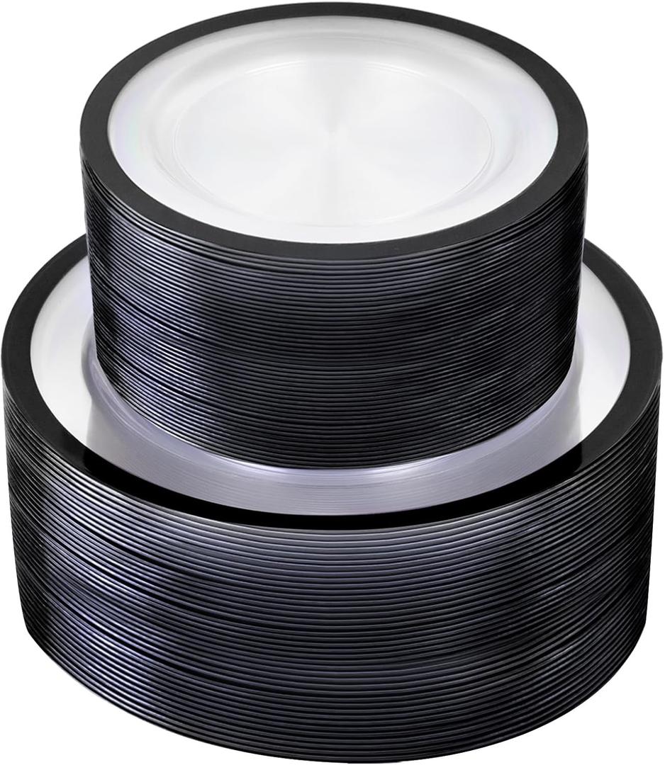 U-QE 100pcs Black Plates Disposable for Party - Clear and Black Plates Disposable Heavy Duty - Fancy Disposable Plates Include 60 10" Dinner and 60 7" Dessert Plate, Perfect for Party & Wedding