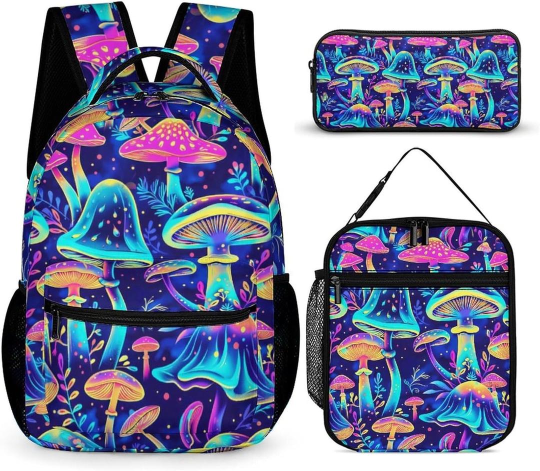 Mushroom Backpack with Lunch Box & Pencil Case, 16 Inch Cool Mushroom Themed Bookbag, Adjustable Lightweight Large Capacity, Colorful Backpack Set for Kids Girls Boys School
