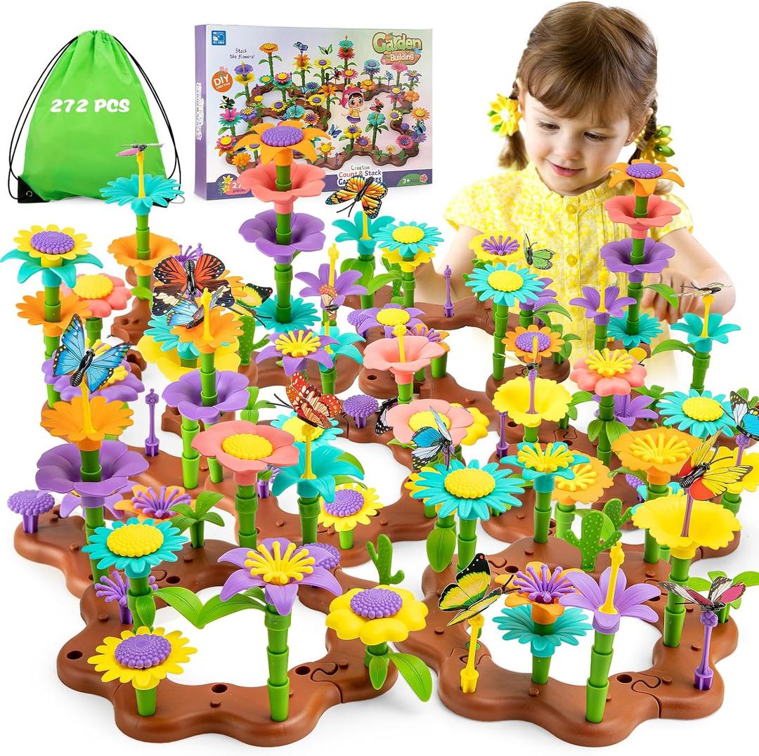 Flower Garden Building Toys for Girls: 272 PCS Kids Gardening Kit Set Gifts for 3 4 5 6 7 Year Old Toddler