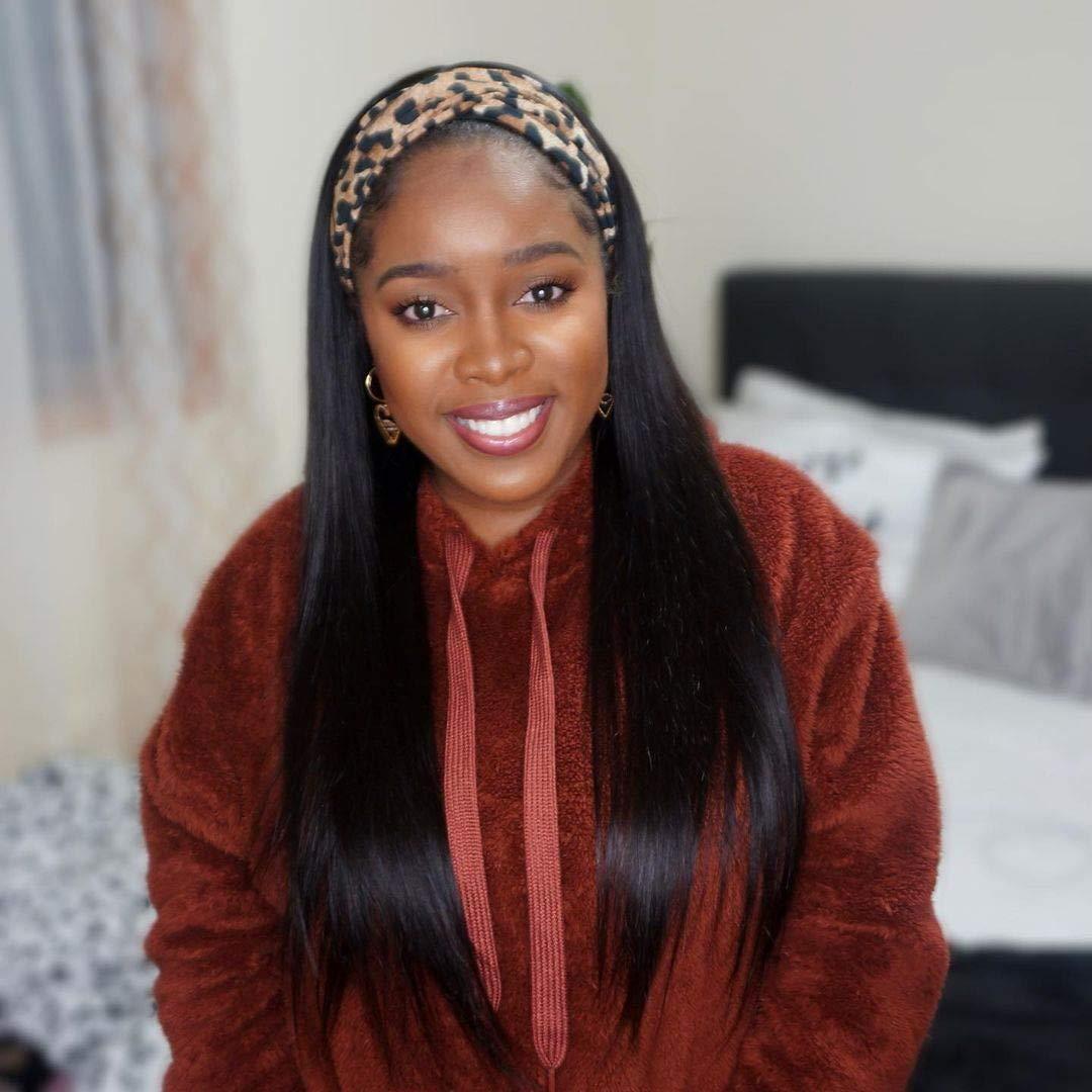 Belaved 18" Straight Hair Headbands Wigs No Lace Front Wigs 1B Human Hair Natural Black Wigs Full Head 150% Density Machine Made Long Layered Scarves Wig for Women Glueless With 4 Combs
