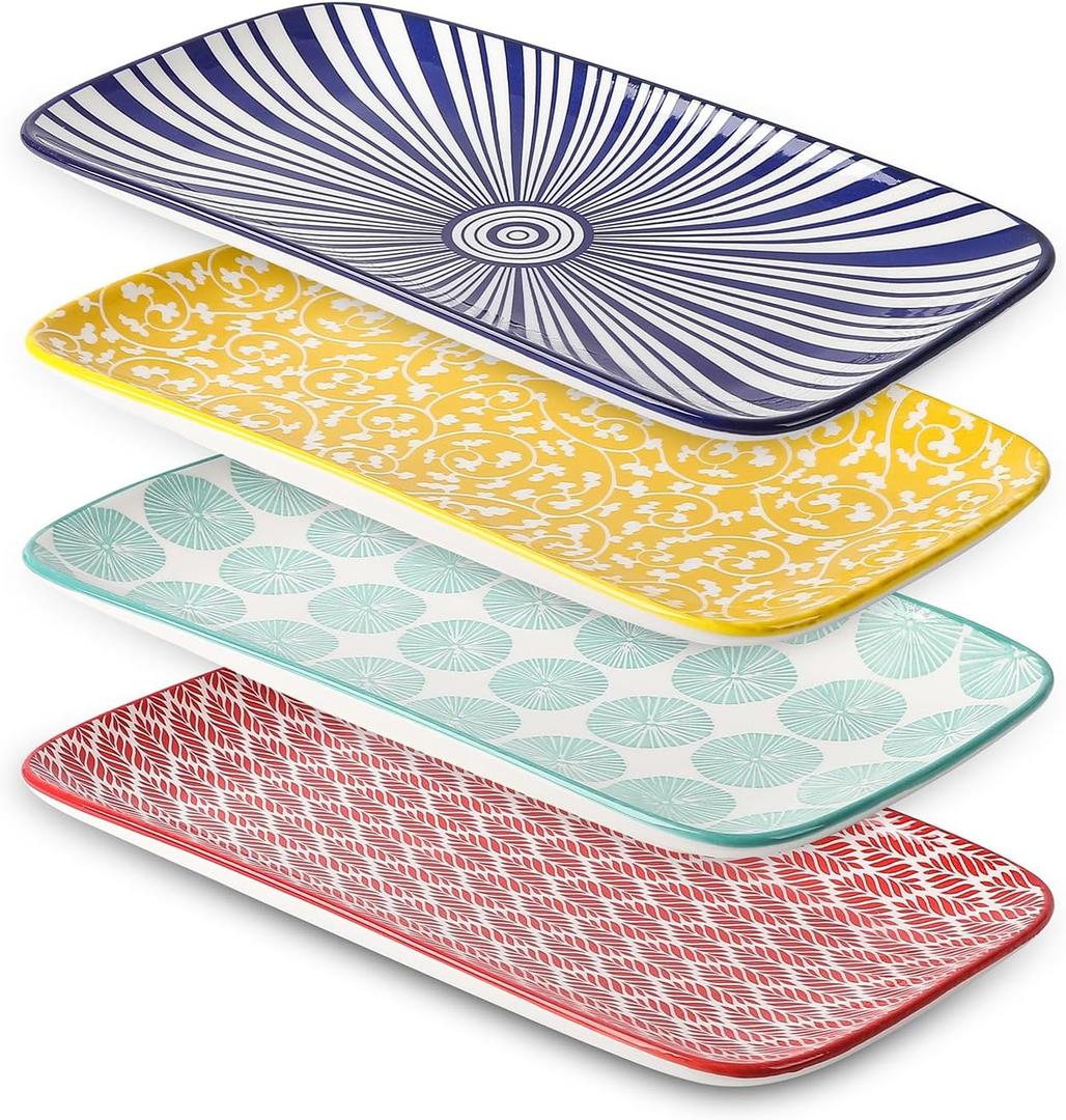 Selamica Ceramic Rectangular Serving Platters Set of 4, 12 Inch Serving Trays/Dishes for Party Entertaining, Rectangular Dinner Plates for Appetizer Salad Dessert Sushi, Blue, Yellow, Red, Green