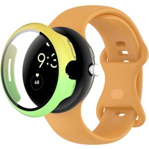 Compatible for Google Pixel Watch 3 41mm 45mm Watch Band with Case, Protection Cover Soft Silicone Breathable Strap for Pixel 3 Watch Men Women (Yellow Green)
