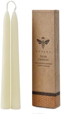 8'' Natural White Beeswax Taper Candles Set of 2, DEYBBY Smokeless and Dripless Beeswax Candles, 8Hrs Burn Time