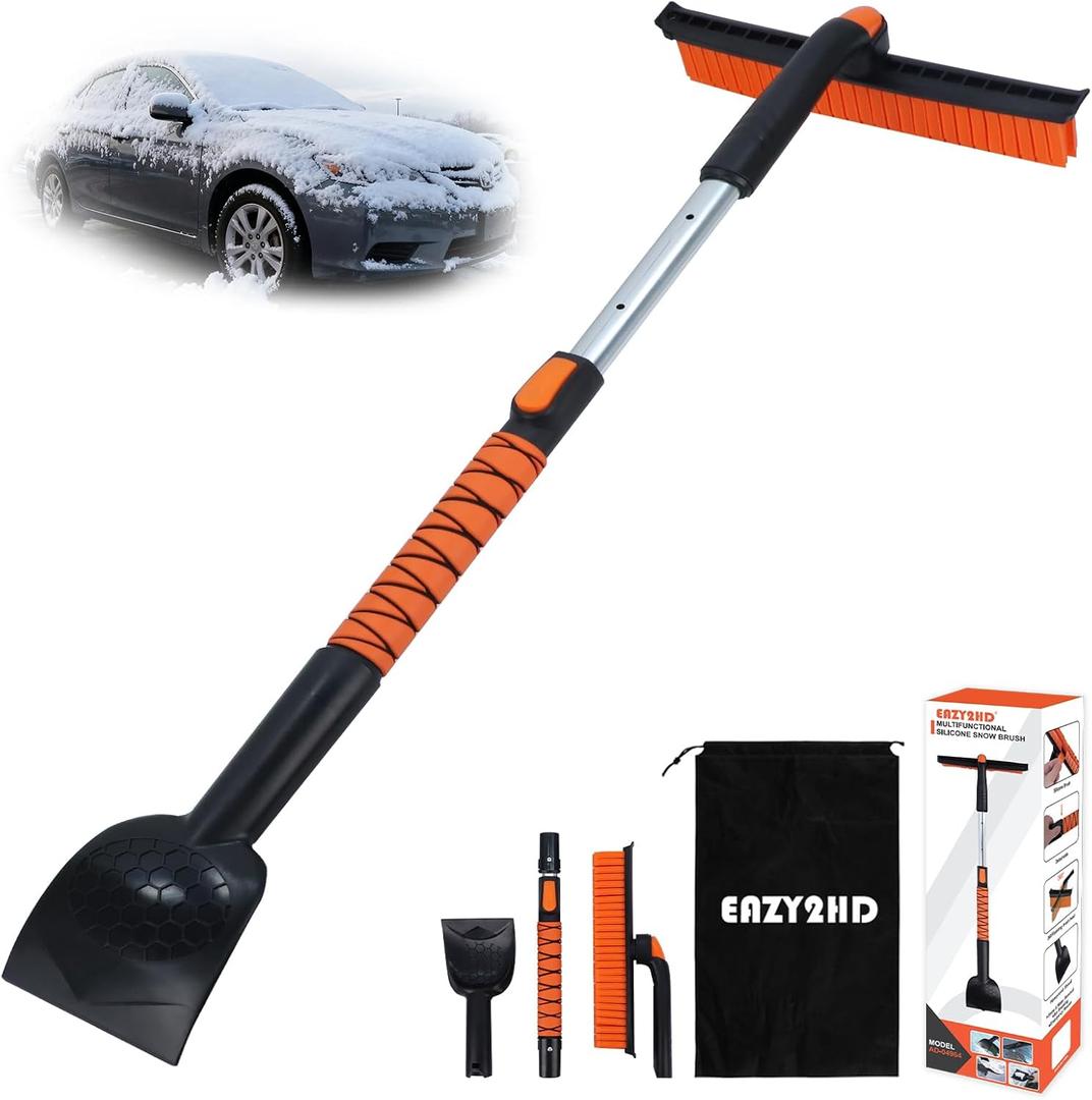 Eazy2hD 3 in 1 Silicone Snow Brush with Ice Scrapers, 39.37" Extendable Window Ice Removal with Squeegee for Windshield, 360 Pivoting Brush Head Cleaner Tool for Car, Truck, SUV (Small)