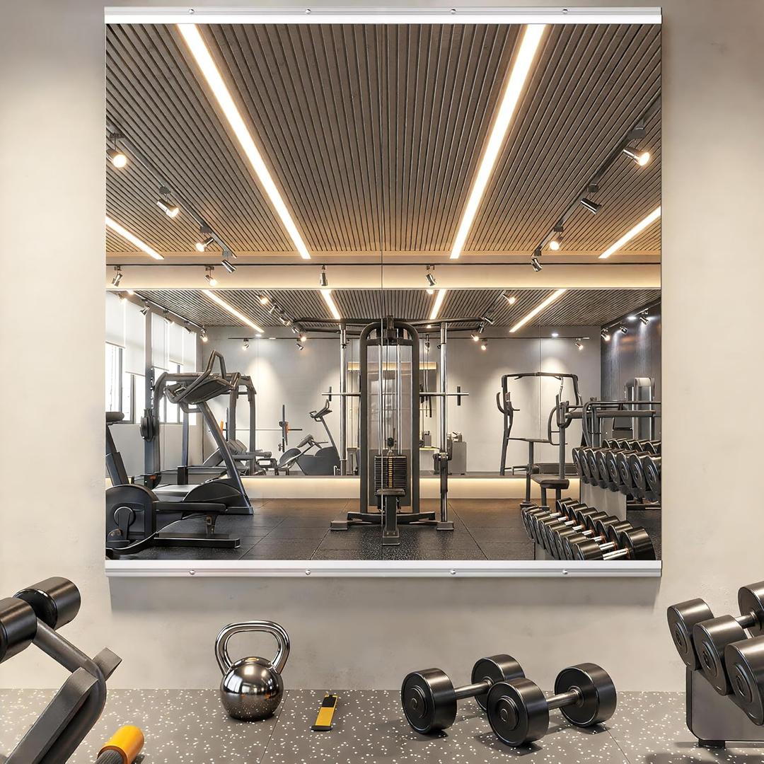 48" x24” 2 Pack Home Gym Mirrors, Large HD Frameless Tempered Glass, Full Body Wall Mount Mirrors for Home Gym, Yoga, Dance Studio, Workout, Silver Clamp Rail