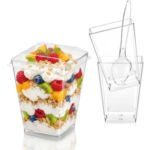 Hiasobre 5oz 75Pcs Plastic Dessert Cups with Lids and Spoons, Reusable Clear Parfait Appetizer Cups, Square Party Shooter Serving Cup, Mini Dessert Shot Glasses for Tasting
