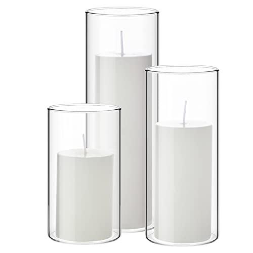 Shihanee Set of 3 Pillar Candles and 3 Glass Cylinder Candle Vases Holders Clear Pillar Jars for Wedding Centerpieces(2.6'' X 4.7'', 5.9'', 7.9'',White)