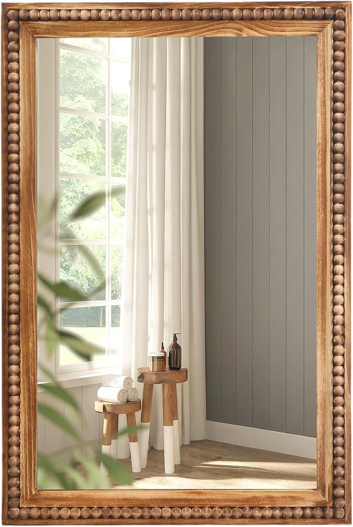 ULIKE Rectangular Wood Mirror with Natural Wooden Bead Frame, 24x36 Inch Rustic Farmhouse Wall Mirror for Bathroom Nursery Bedroom Living Room Brown