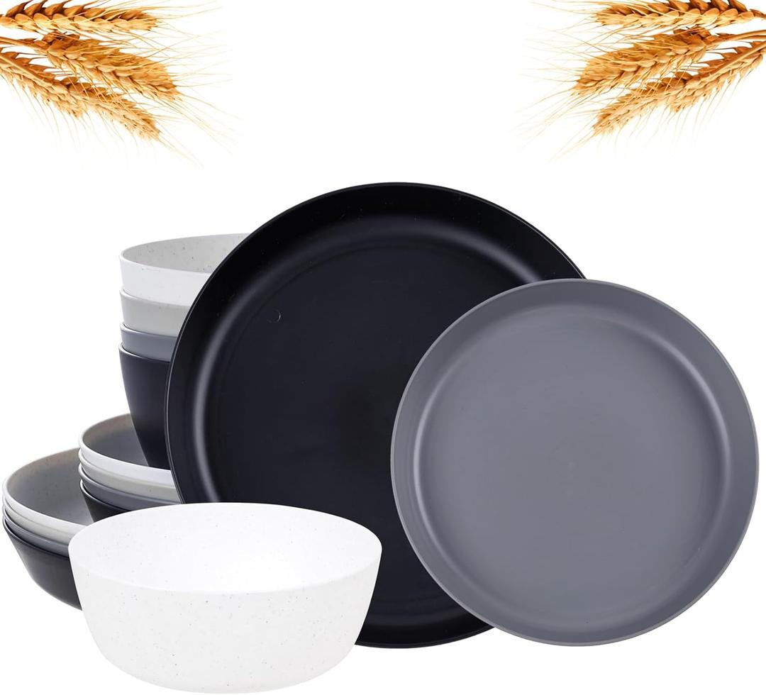 EI 12pcs Wheat Straw Plates,Wheat Straw Dinnerware Set,Plate and Bowls Sets,Plastic Plates Reusable-White,Black,Grey,Dark Grey,Dinner Plate Set of 4 Kitchen,Picnic