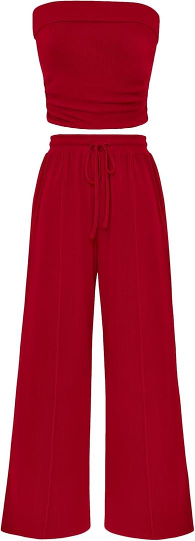 PRETTYGARDEN Womens Summer Outfits 2 Piece Sets Casual Ribbed Knit Crop Tube Top Wide Leg Pants Spring Matching Lounge Set (Small, Red)