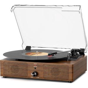 Vintage Wooden Record Player with Bluetooth 3-Speed Belt-Driven Turntable Built-in Speakers, Beginner Friendly Retro Phonograph for Home Decor, for Vinyl Enthusiasts (Walnut Finish)