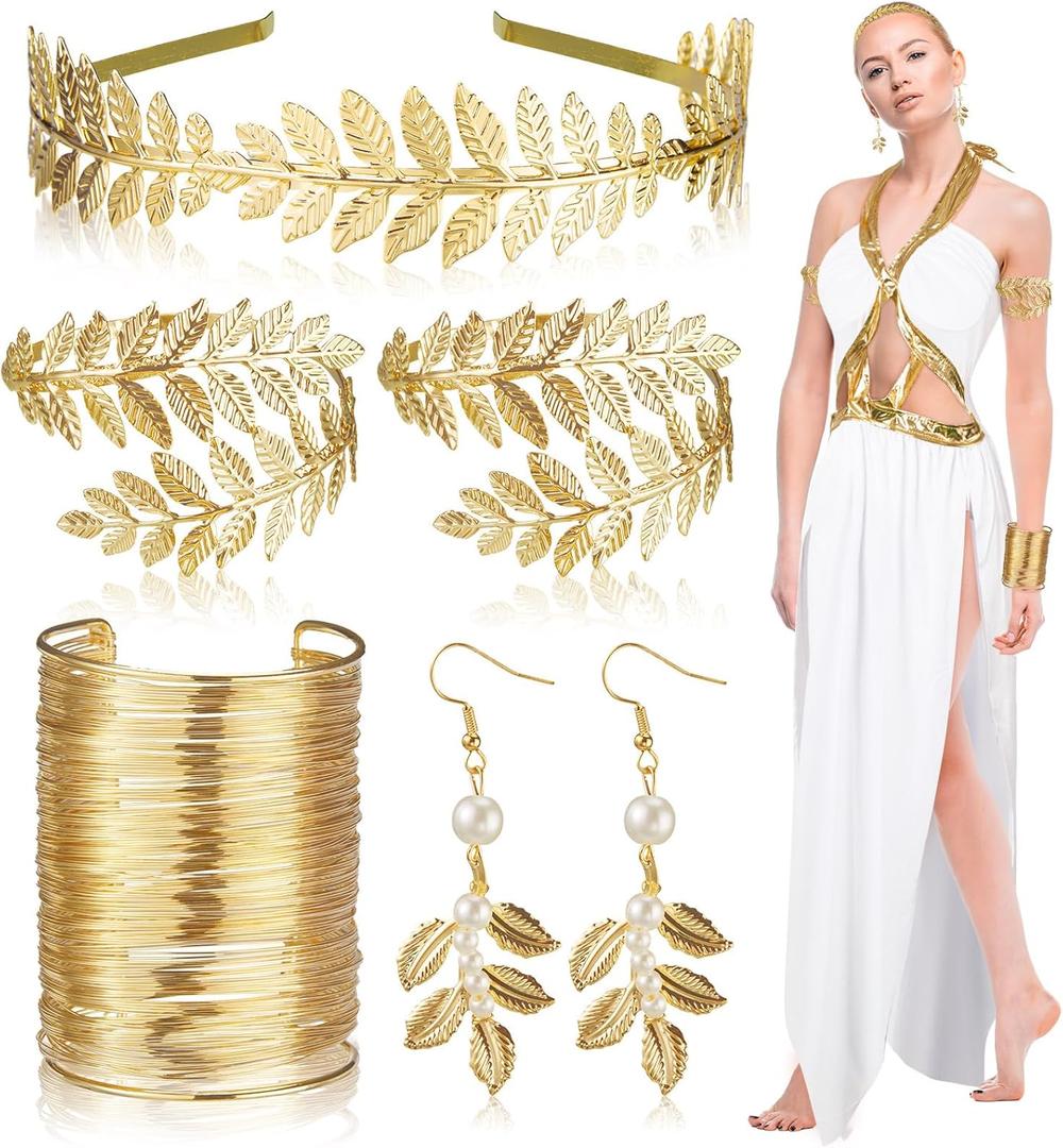 Hicarer 7 Pcs Halloween Greek Athenian Women Costume Accessories for Woman Include Toga Athenian Crown Arm Bracelet Earring (White)