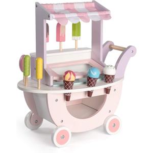 ROBUD Wooden Ice Cream Cart Toys for Kids, Toddlers Pretend Play Food Truck, Gift for Girls and Boys 3 Years & Up, Pink