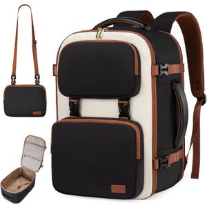 LOVEVOOK Travel Backpack for Women Men, TSA Carry on Backpack Flight Approved 40L Fits 17 Inch Laptop, Waterproof Personal Item Travel Bag Business Weekender Daypack with Detachable Crossbody Bag (Black&white&brown)