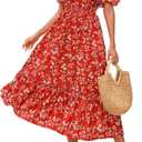 Prettywear Women's 2025 Spring Summer Boho Off Shoulder Midi Dress Floral Short Sleeve A Line Casual Beach Vacation Dresses XS