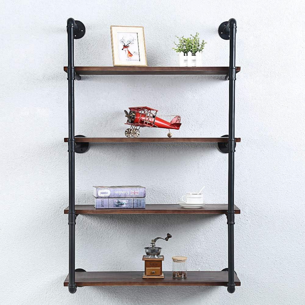 4 x Industrial Pipe Shelving Wall Mounted,30in Rustic Metal Floating Shelves,Steampunk Real Wood Book Shelves,Wall Shelf Unit Bookshelf Hanging Wall Shelves,Farmhouse Kitchen Bar Shelving(4 Tier)