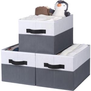 WUIKE Storage Baskets for Shelves, Fabric Closet Storage Bins with Handles, Foldable Clothes Organizer Bins for Bedroom, Nusery, Gray & White, Large, 3-Pack (3 Pack-14.4"L x 10"W x 8.5"H)