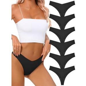 tichers Seamless Thongs for Women No Show Thong V-waisted Stretch Breathable Sexy Panties Underwear 6 Pack, X-Small, Black