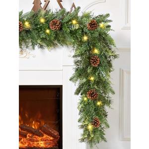 Waipfaru 6FT Christmas Garland with Lights, Realistic Cedar Garland with Pinecone Real Touch Norfolk Pine Garlands, Prelit Lighted Cypress Garlands for Mantle Table Stairs Winter Indoor Outdoor Decor