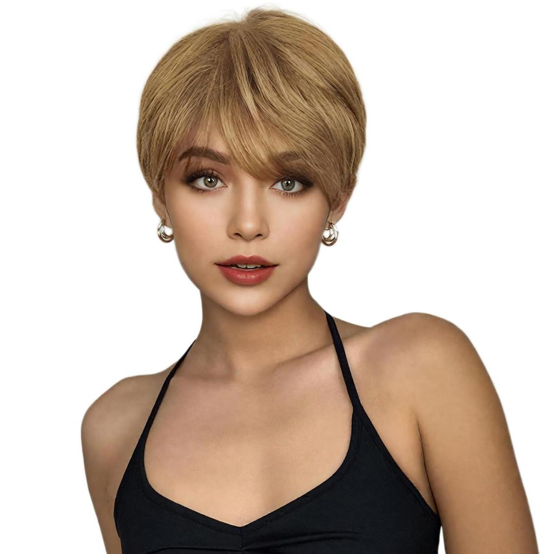 BECUS Pixie Cut Wigs for White Women Strawberry Blonde Wig Short Blonde Wig with Bangs Short Wigs Synthetic