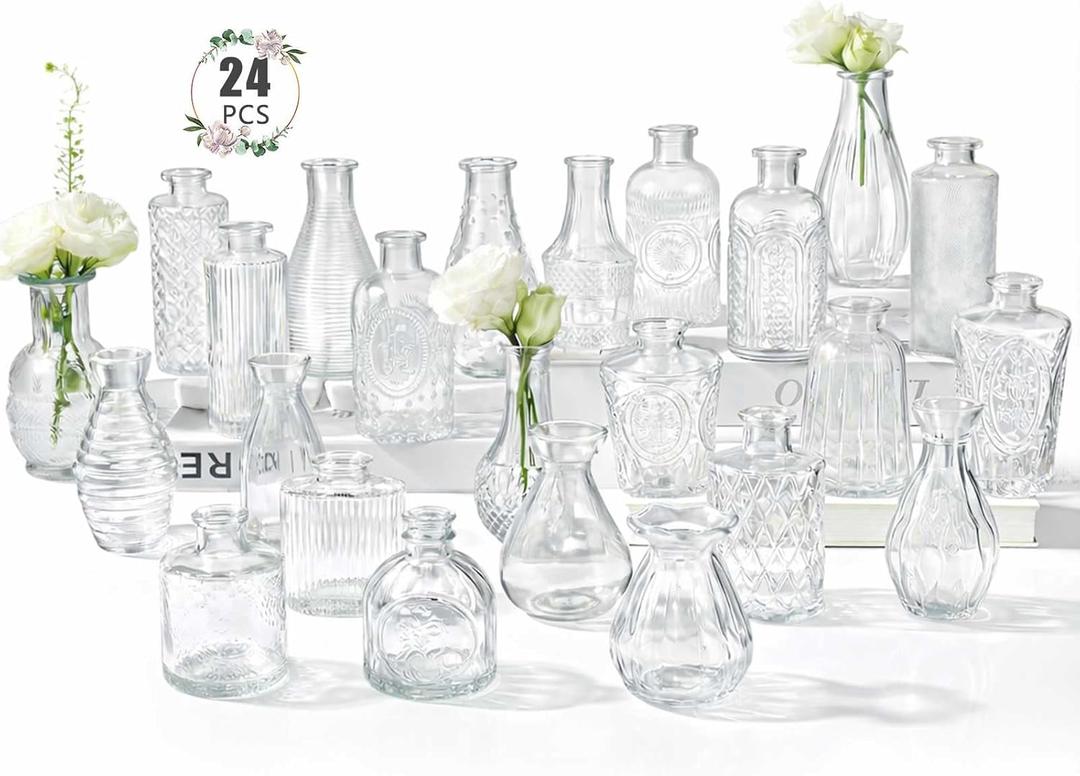 24 Pack Glass Bud Vase in Bulk - BEAHOT Clear Flower Vases for Wedding Decorations, Mini Vase for Centerpiece Table Decorations, Small Boho Vase for Home, Wedding Decor, Mother's Day, Party, Office
