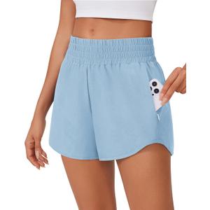 PINSPARK High Waisted Running Shorts for Women 2.5" Mesh Liner Quick Dry Sport Athletic Workout Shorts with Zip Pockets (Medium, Light Blue)