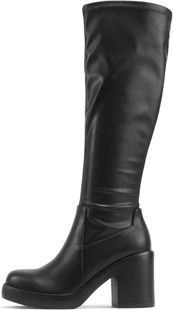 Soda Sonia ~ Women Knee High Chunky Block Heel Platform Boots (Black Pu, 9)