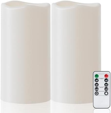 Amagic 2 Pack 8" x 4" Outdoor Plastic Electric flameless Candles with Remote Control and Timer, Battery Operated Flickering LED Pillar Fake Candle for Home, Wedding Decor, Ivory