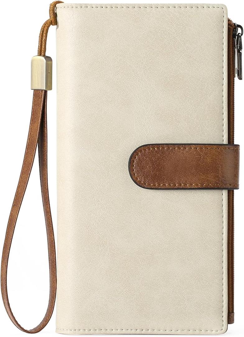 GOIACII Womens Wallets Large Capacity Credit Card Holder Rfid Wallet Women Double Zipper Pocket Leather Bifold Ladies Wristlet Clutch Wallet (A04-Beige Brown)