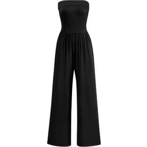 PRETTYGARDEN One Piece Strapless Jumpsuits for Women Dressy Casual Wide Leg Tube Rompers Jumper Beach Vacation Summer Outfits (Black, XS)