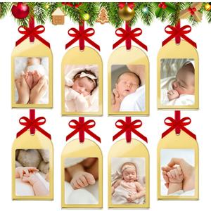 8Pcs Mini Vintage Gold Christmas Acrylic Picture Frame Ornaments - 2x3 Inch Arch Small Wall Hanging Double-Sided Photo Frames with DIY Red Velvet Ribbon, for Christmas Tree Gifts Polaroid instax Mini (Gold Joy Combo)