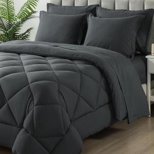 Full Size Comforter Set, 7 Pieces Bed in a Bag, Bedding Sets with All Season Soft Quilted Lightweight Comforter, Flat Sheet, Fitted Sheet, 2 Pillow Shams, 2 Pillowcases, Dark Grey