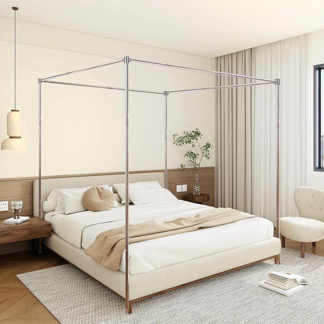 Canopy Bed Frame Queen Size Stainless Steel Canopy Poles for Bed, Canopy Bed Curtains Queen Bed Canopies & Drapes for 4 Corner Metal Bed Wood Bed Bedroom Decor