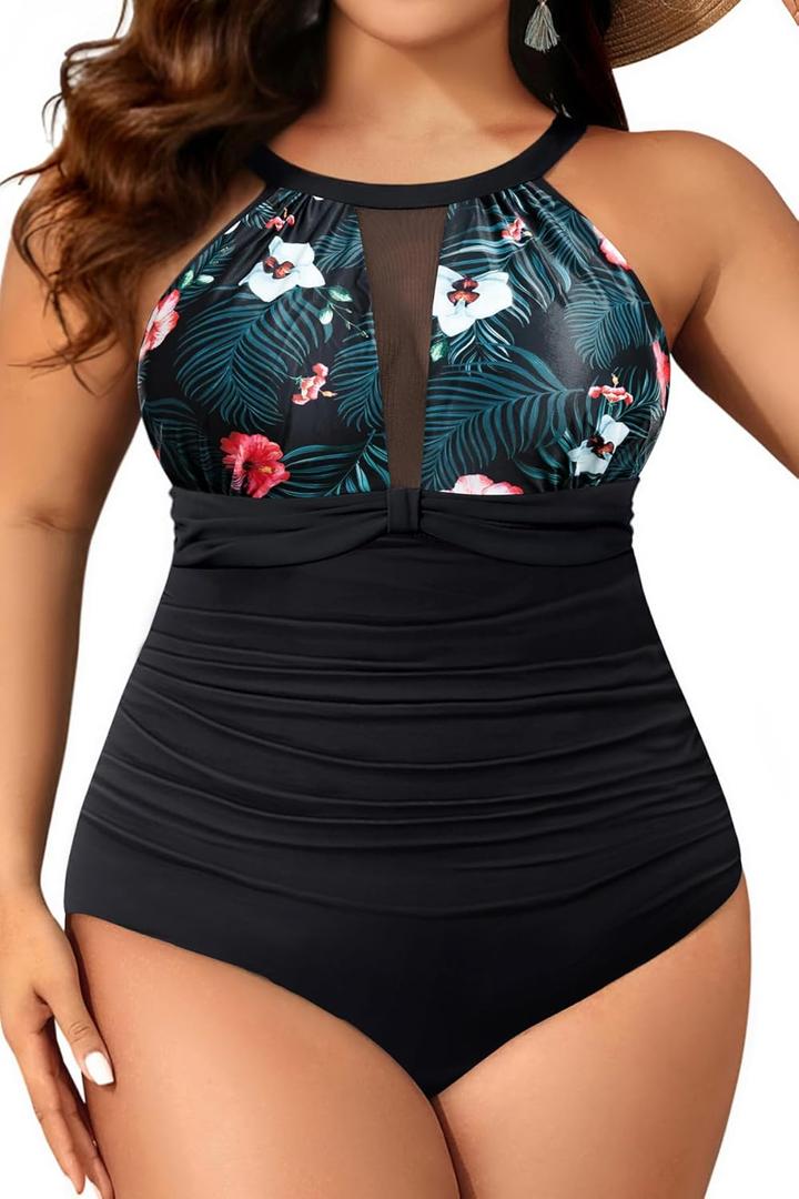 Aqua Eve Plus Size Swimsuit Women One Piece Swimsuit Tummy Control High Neck Bathing Suit Ruched Swimwear (Black Floral)
